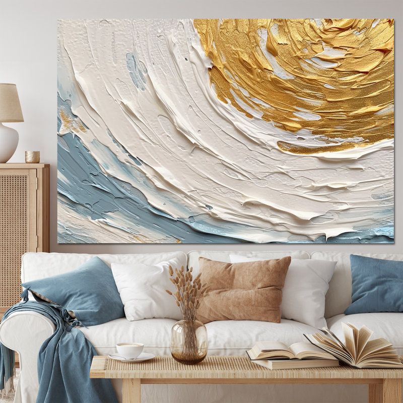 «Gold and Blue Vibrant Spirals II», art abstrait sur toile
