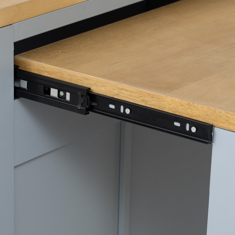 Kitchen Island With Rubber Wood Veneer, Extendable Table, 2 Drawers, Cabinets, Power Outlet, 6+2 Wheels  2 Lockable , Soft - Close Hinges In Grey Blue, Ample Storage, Hinges, Mobile And Stationary