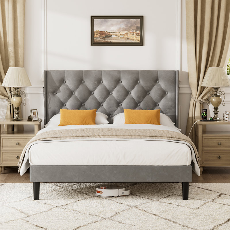 Upholstered Bed Frame with Diamond Button Tufted Headboard, Double (4'6), Grey
