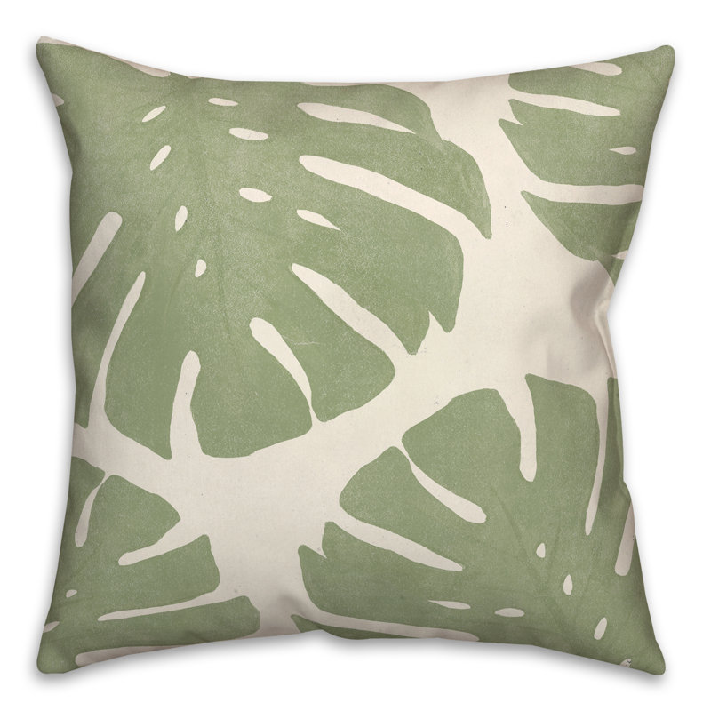 Green Monstera Leaf Print Square Throw Pillow