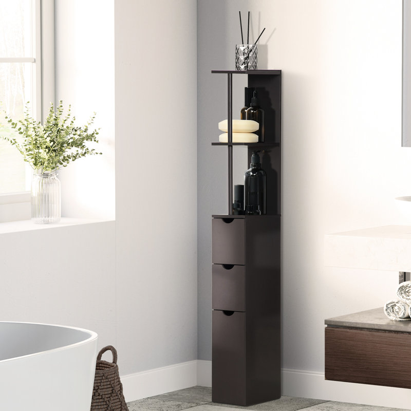 54" Tall Freestanding Bathroom Storage, Linen Tower With 2 Shelf And Drawers, Narrow Space Saving Organizer, Brown Storage Unit, Cabinet,