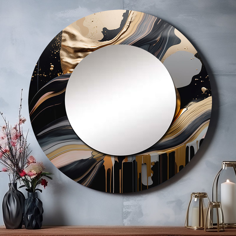 Pairlee Gold And Black Marbled Euphoria III - Marble Unique Wall Mirror, Modern Round Mirror, Printed Metal Art, 36" x 36"