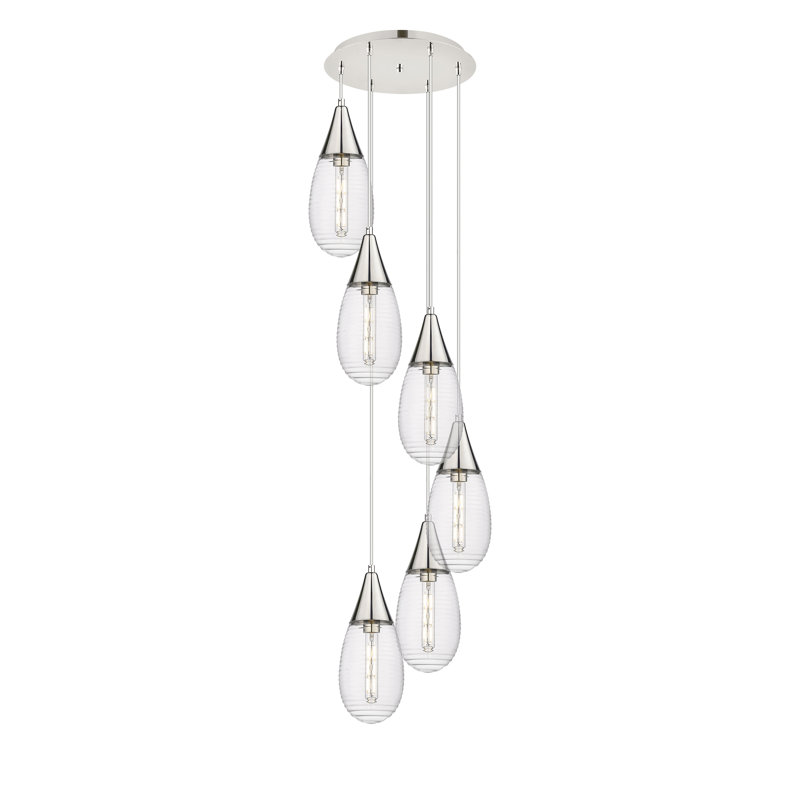 Luminaire suspendu grappe 6 lumières Radel, Rayé transparent, Nickel poli