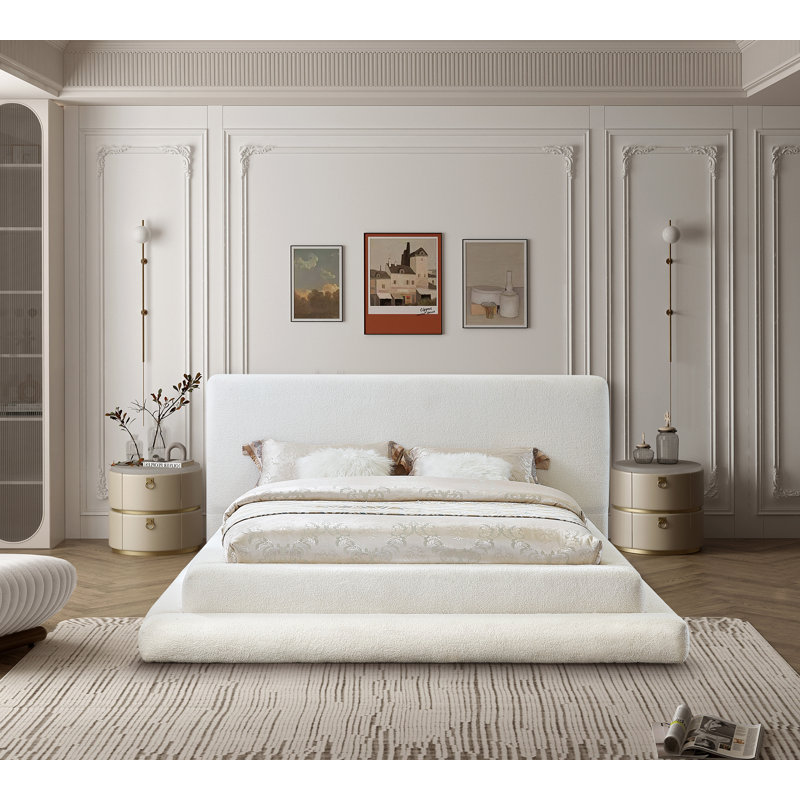 Hoffarth Upholstered Platform Bed, King, Cream Faux Shearling Teddy Fabric