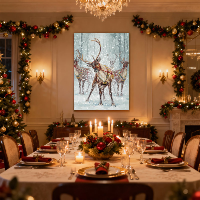 Ensemble de 3 impressions sur toile, renne de Noël dans la forêt enneigée avec décorations, H 18 po x l 12 po