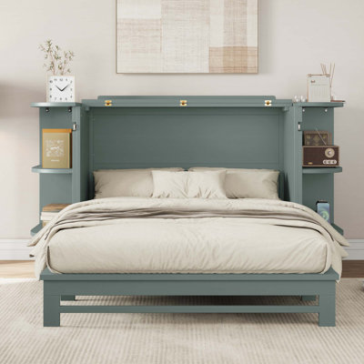 Armoire-lit style rustique en pin massif avec station de charge et 2 tablettes ouvertes pour bureau à domicile ou petite pièce