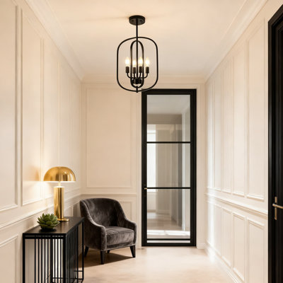 4-Light Black Geometric Chandelier With Adjustable Height, Dimmable Farmhouse Lighting For Dining Room Kitchen Island Entryway Foyer Hallway Stairway