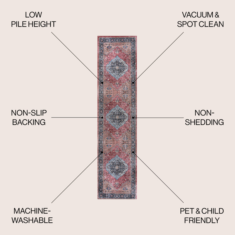 Tapis rouge / bleu / brun Sarok Ogee Medallion, Tapis de couloir 2 pi x 8 pi