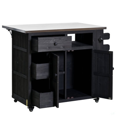 Îlot de cuisine extensible en bois massif d'extérieur de 19,3 po / 28 po, table de gril supérieure en acier inoxydable avec support à épices latéral, chariot de cuisine avec tiroirs, armoire de rangement pour la cour arrière, barbecue, fête