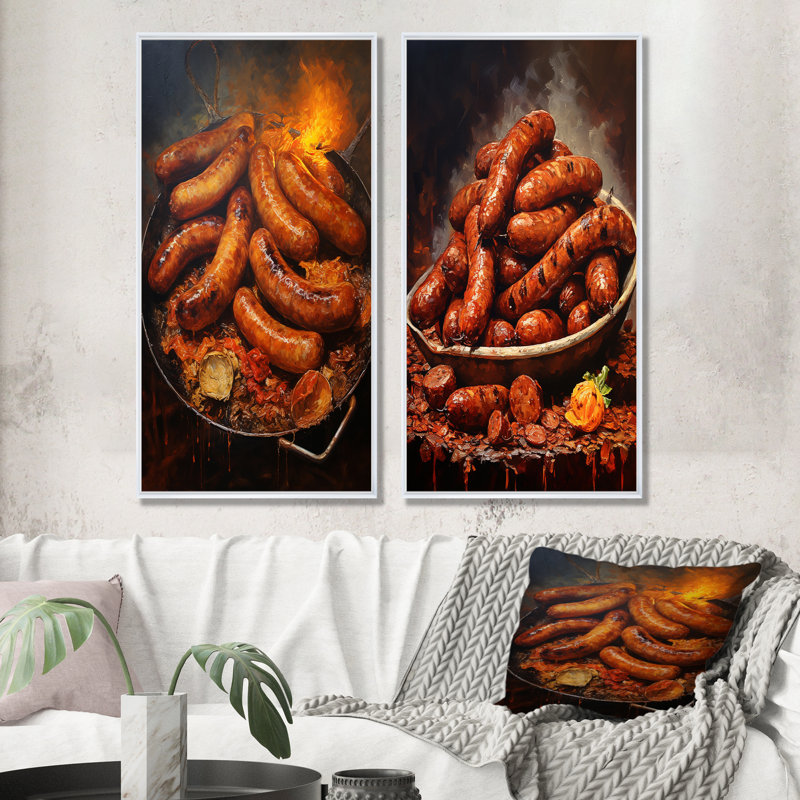 Saucisse saga déjeuner - ensemble de 2 reproductions d'art sur toile, Cadre flottant blanc, H 40 po x l 41 po