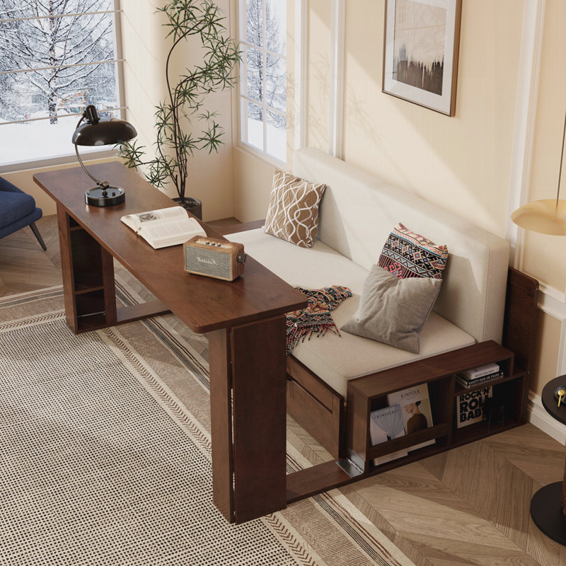 Lit de jour moderne avec bureau amovible, tiroirs de rangement et table d'appoint hydraulique, Grand lit, Espresso