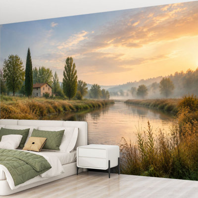 Papier peint adhésif autocollant Tranquil Riverside Landscape Ducks Trees Cottage