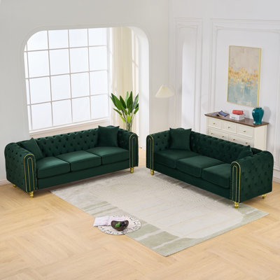 Ensemble de canapés modernes en velours vert Chesterfield 3 places pour la maison