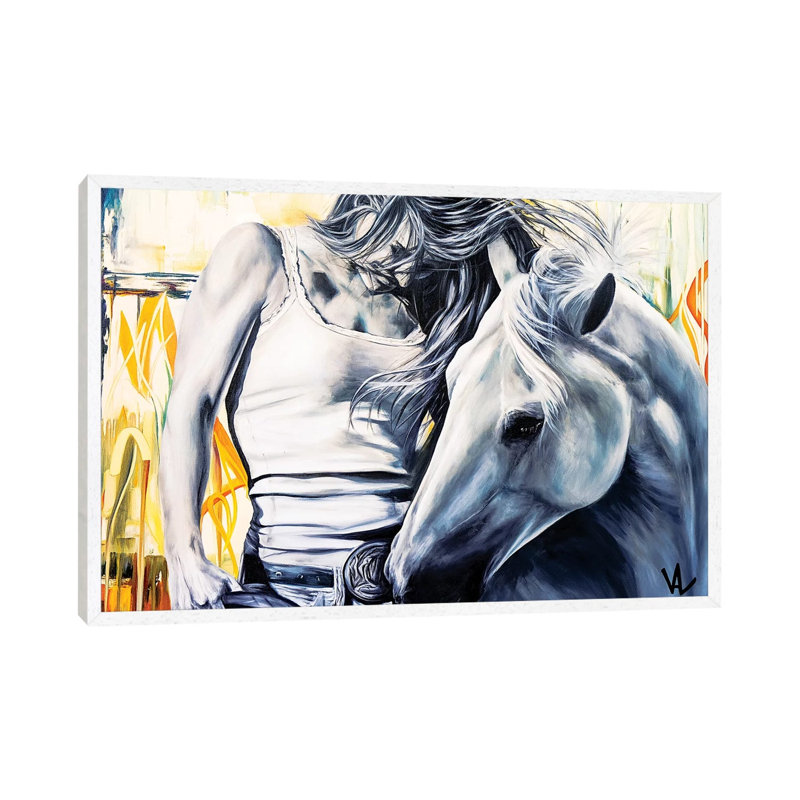 The Winning Horse by Val Escoubet - Painting on Canvas, 45.72cm H x 66.04cm W x 3.81cm D, White Framed