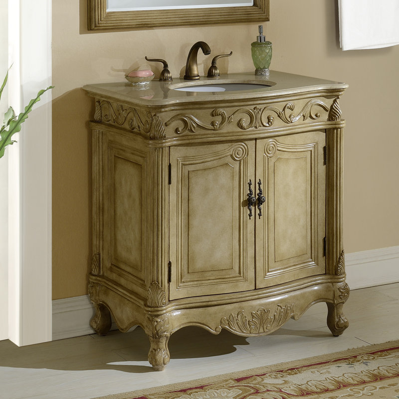 32'' Single Bathroom Vanity with Marble Top, Cream, Antique White