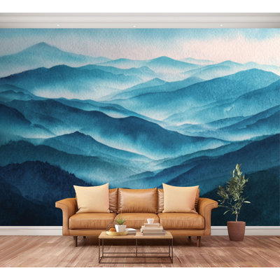 Wall Mural Peel and Stick Blue Mountain Landscape Misty Layers Serene Watercolor Large Wallpaper Self-Adhesive Removable Contact Paper Wall Decor for Living Room Bedroom Nursery 100"H x 144"W