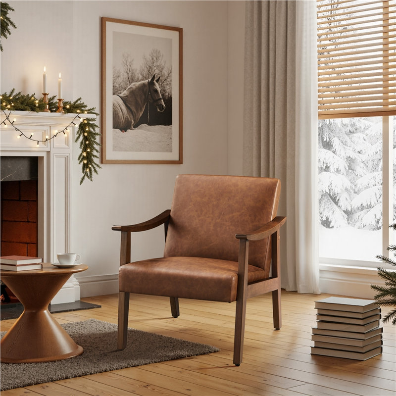 Asmat 24.5" W Mid-Century Modern Armchair with Solid Wood Legs, Brown