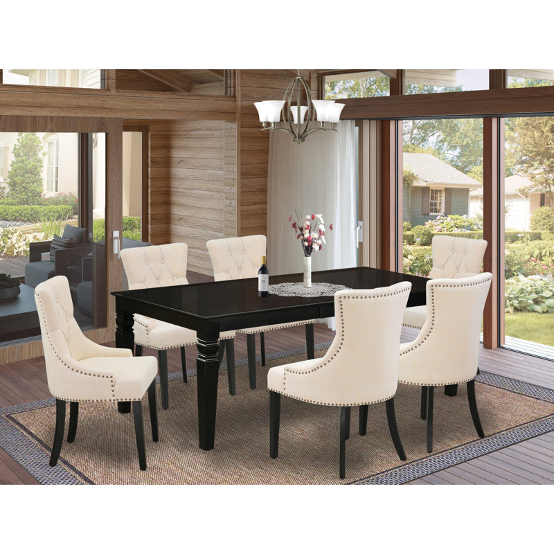 7 Piece Dining Set Consist of a Rectangle Dining Room Table with Butterfly Leaf and 6 Light Beige Linen Fabric Upholstered Chairs, Black
