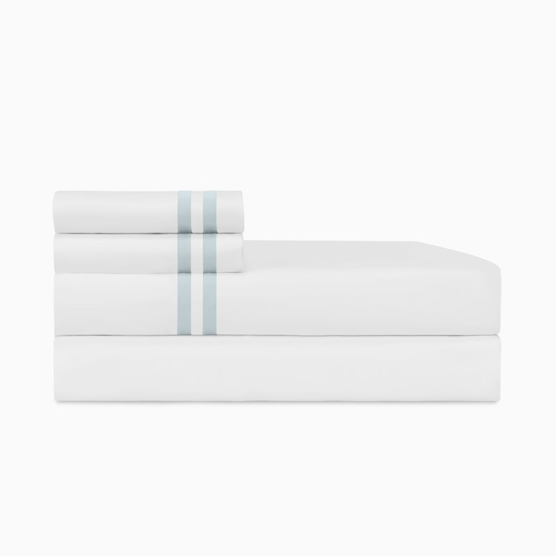 Ribbons Sateen Sheet Set, White/Sion Blue, Queen