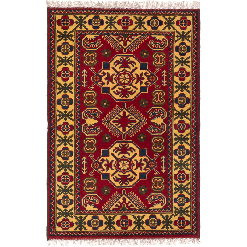 Tapis unique en laine noué à la main style Kargahi des années 2010 de 2 pi 9 po x 4 pi 2 po rouge / beige
