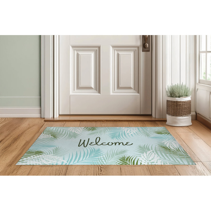 Waving Palm Welcome Indoor Doormat, 36" W x 60" L, Blue