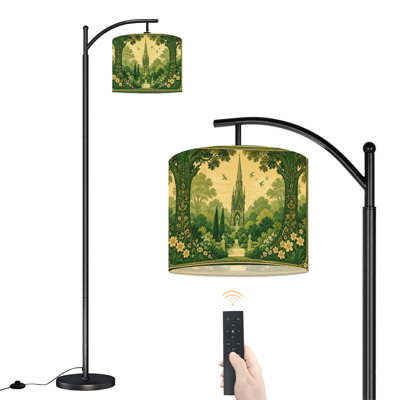  Arc Floor Lamp Gothic Cathedral Ornate Garden Floral Border Birds Tall Modern Standing Lamp LED Adjustable Linen Lampshade 3 Color Temperatures