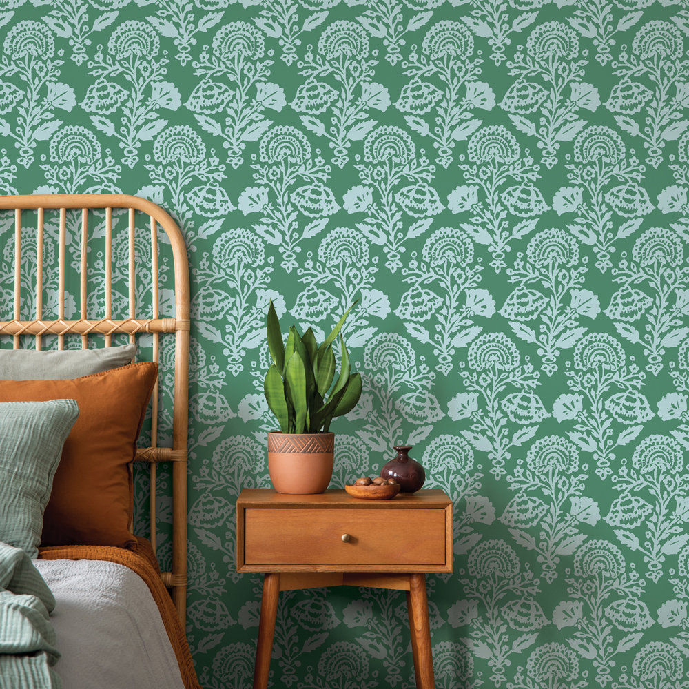 Floral Damask Peel and Stick Wallpaper, Green