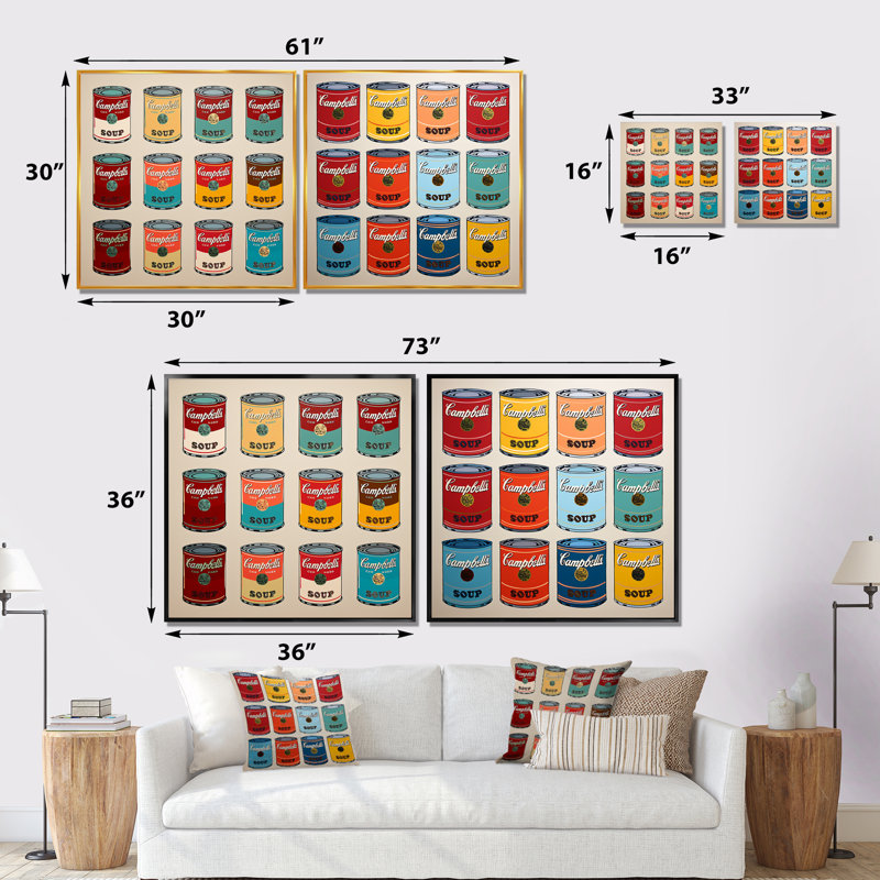 Pop Art Soup Collage I - Ensemble de 2 décorations murales, Cadre flottant noir, H 16 po x l 33 po x P 1 po