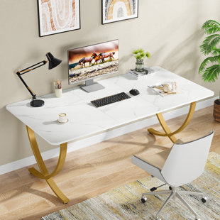 47 Modern White Rectangular Home Office Desk with Pine Wood Table Top &  Gold Frame