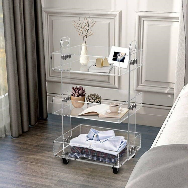 3 Tiers Acrylic End Table Side Table Storage Cart with Wheels for for Bedroom Living Room, 27" H x 16" W x 13" D