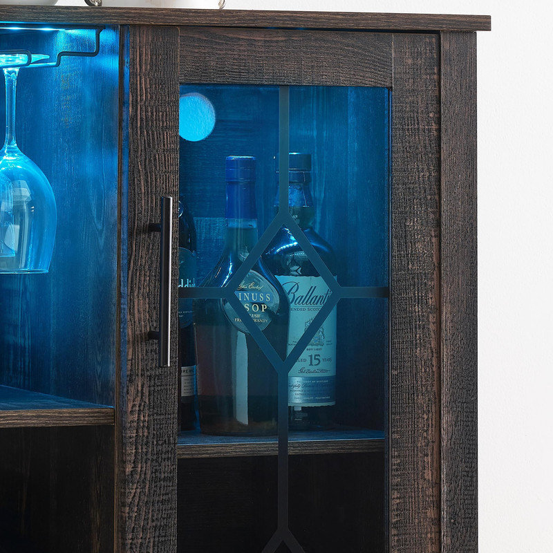 Bar à vin 47,2 "à DEL avec support en verre, tablettes réglables et rangement, Brun