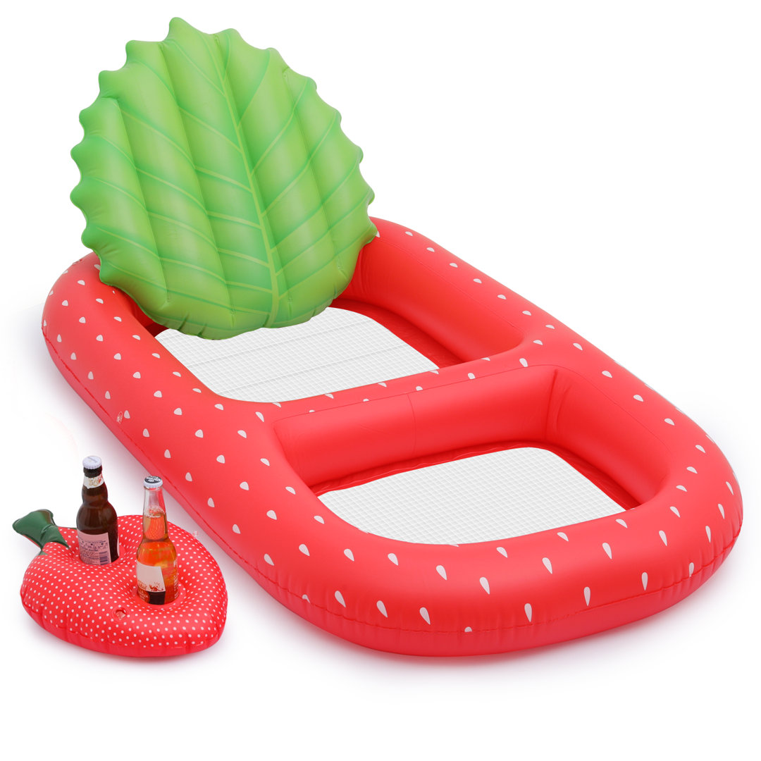 3-in-1 PVC Inflatable Pool Floats, Strawberry Pool Raft with Drink Holder and Detachable Backrest MoNiBloom