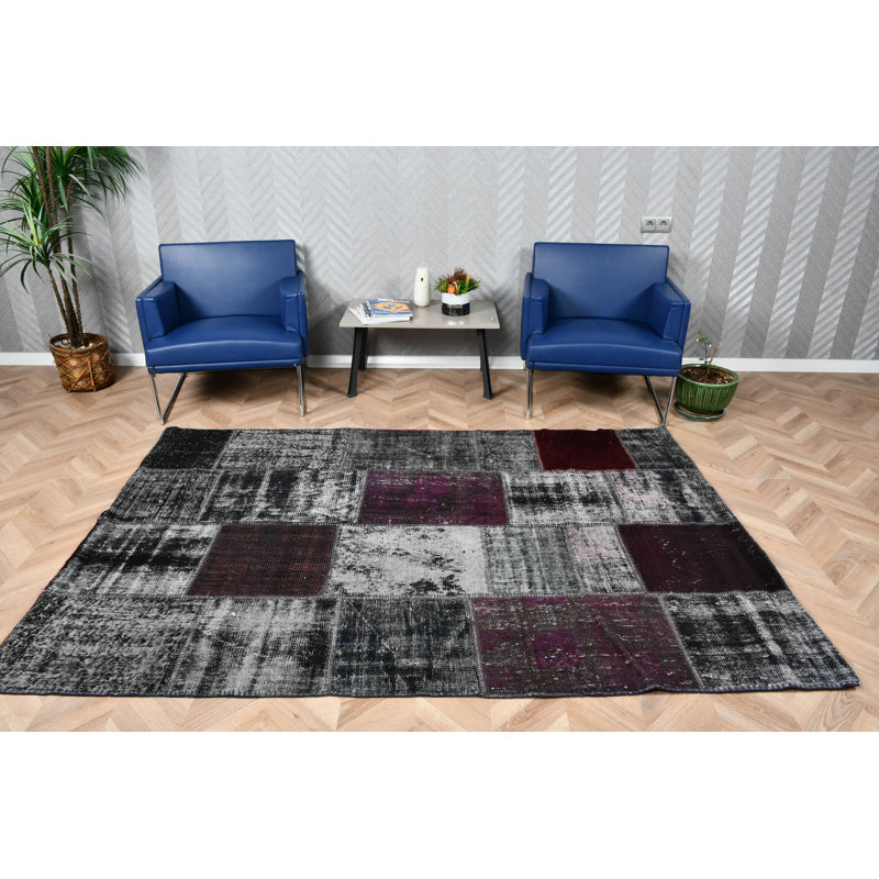 Grand tapis turc Oushak rétro avec motif en patchwork pour votre plancher de salon dans une finition noire surdimensionnée élégante