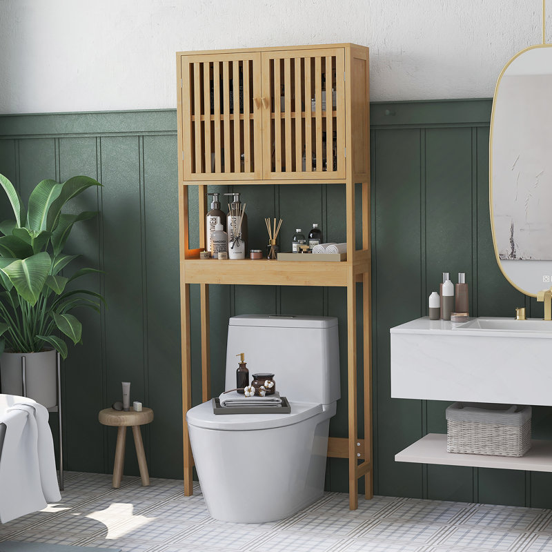 Armoire de rangement en bambou au-dessus de la toilette, organisateur de salle de bain au-dessus de la toilette avec portes à lattes, tablette réglable et tablette ouverte, naturel