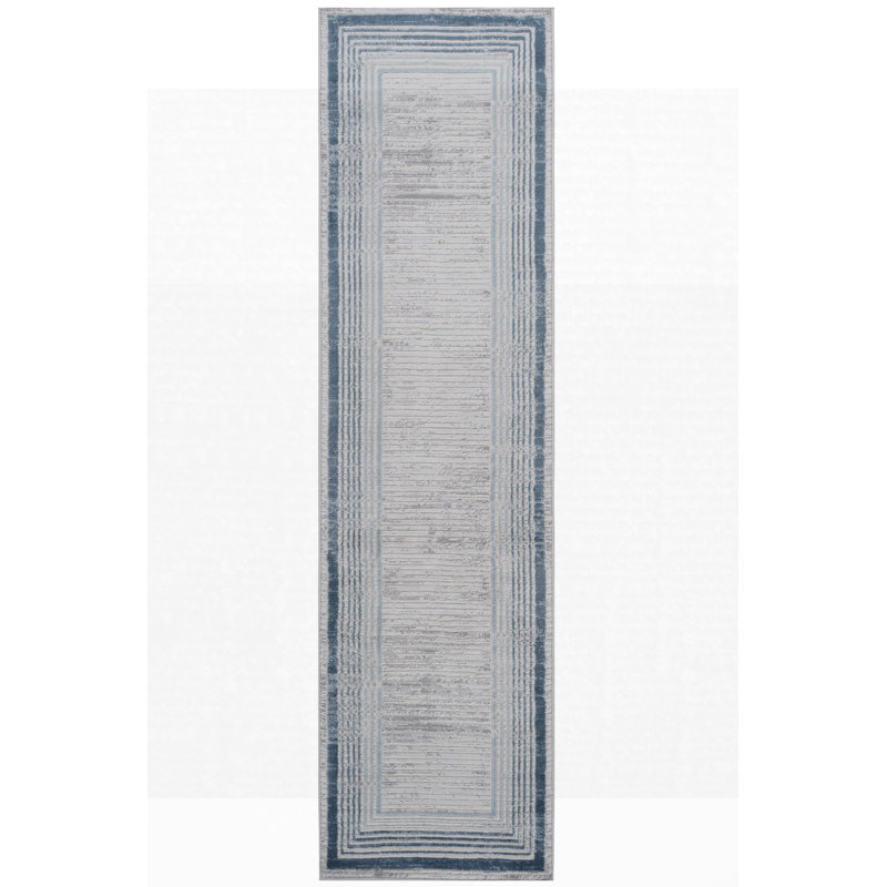 Runner Rug Synthetic Fiber Stain Resistant Non-Shedding Bordered Blue Ivory Long 2' x 8'