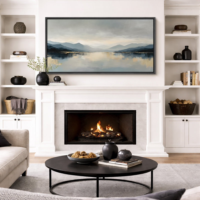 Serene Mountain Lake Reflection Landscape Wall Decor Extra Large Pictures Framed Canvas Print Wall Art, Black, 30" H x 60" W