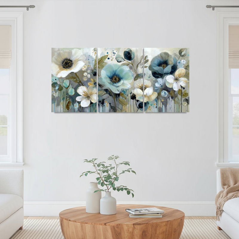 Ensemble de 3 tableaux abstraits floraux bleus et blancs sur toile tendue