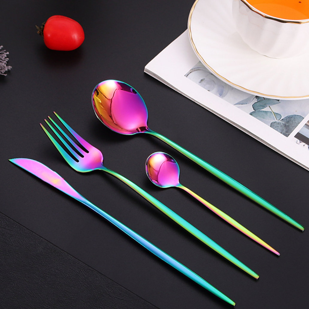 24 Pieces Rainbow Silverware Set with Steak Knives for 4, Stainless Steel Flatware Cutlery Set Orren Ellis