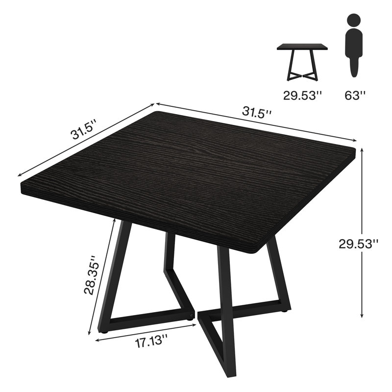 Square Dining Table, 31.5" Industrial Dinner Table, Black, Black