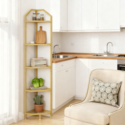 Étagère d'angle à 5 niveaux avec verre trempé, tablette surélevée en métal de 66 pouces de hauteur pour le salon, la chambre à coucher, la salle de bain, l'organisation de petits espaces et la décoration intérieure moderne