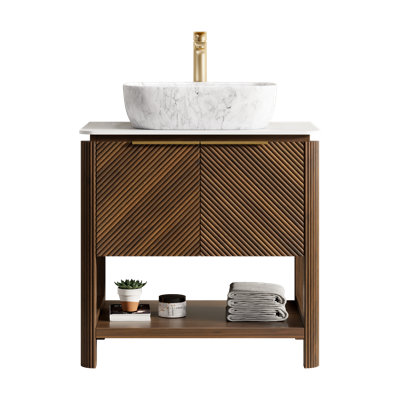 Meuble-lavabo de 30 po avec lavabo en céramique à motif marbré et plateau en pierre frittée blanc de Carrare, finition grain de bois noyer foncé