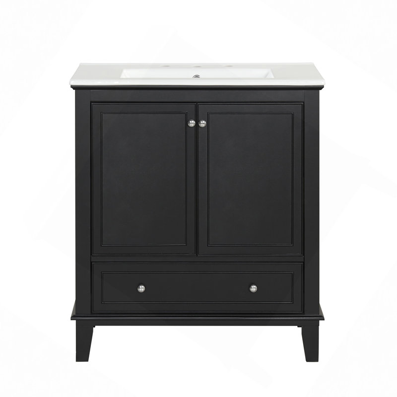 Meuble-lavabo 30 po avec lavabo, armoire de salle de bain multifonctionnelle avec portes et tiroir, bois massif et panneau de fibres à densité moyenne