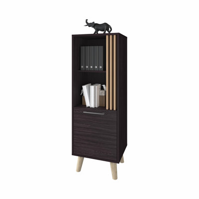 Armoire de rangement Ac Chin avec porte et rangement ouvert, wengé et chêne naturel