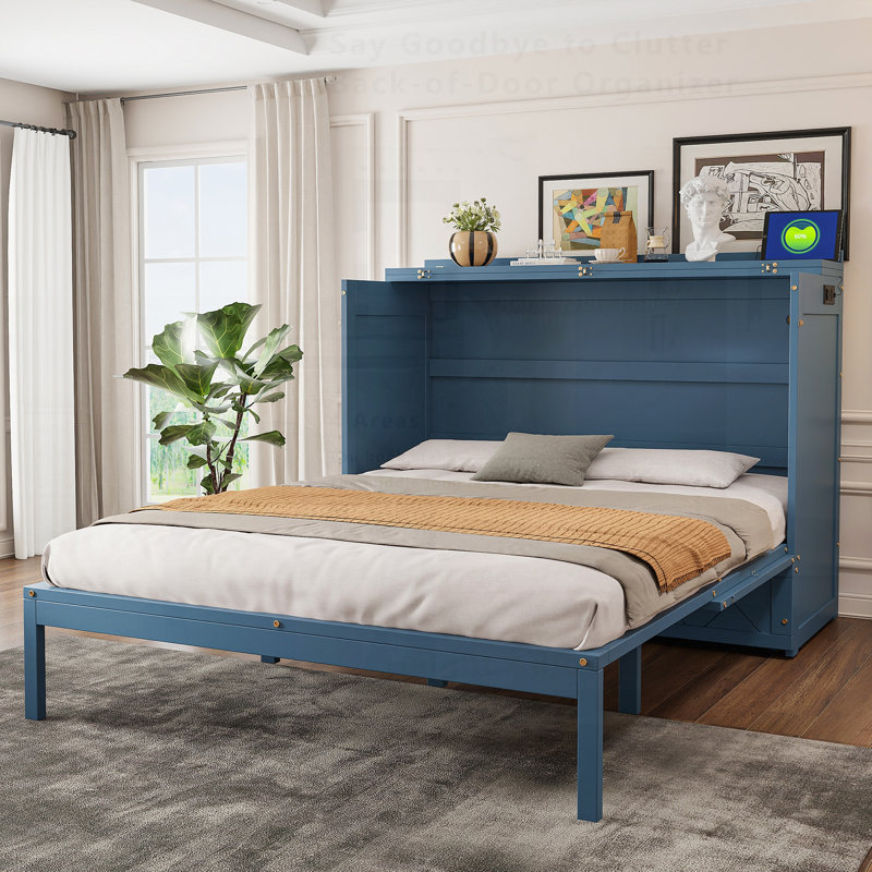 Lit escamotable mural avec tiroir et prises intégrées et ports USB pour des solutions modernes d'économie d'espace, Navy Blue
