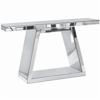 55.9-Inch Modern Luxury Full-Length Mirror Entrance Table with Trapezoidal Base - 360° Reflective Table, Durable Wooden Frame, Scratch-Resistant Design & Open Storage, Suitable for Corridor, Living Room, Stairs