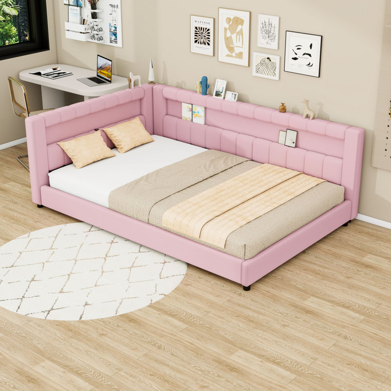 Lit de jour rembourré avec ports USB, lumière DEL et lattes, Double XL, Rose