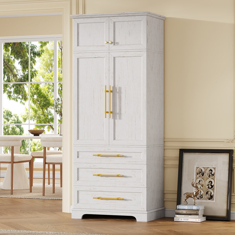 Armoire de cuisine Farmhouse de 78,2 po de hauteur avec 3 tiroirs de rangement et tablettes réglables, Blanc