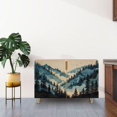 Sideboard Buffet Cabinet with Storage Ink Wash Pine Forest Mountain with 2 Doors for Living Room and Kitchen