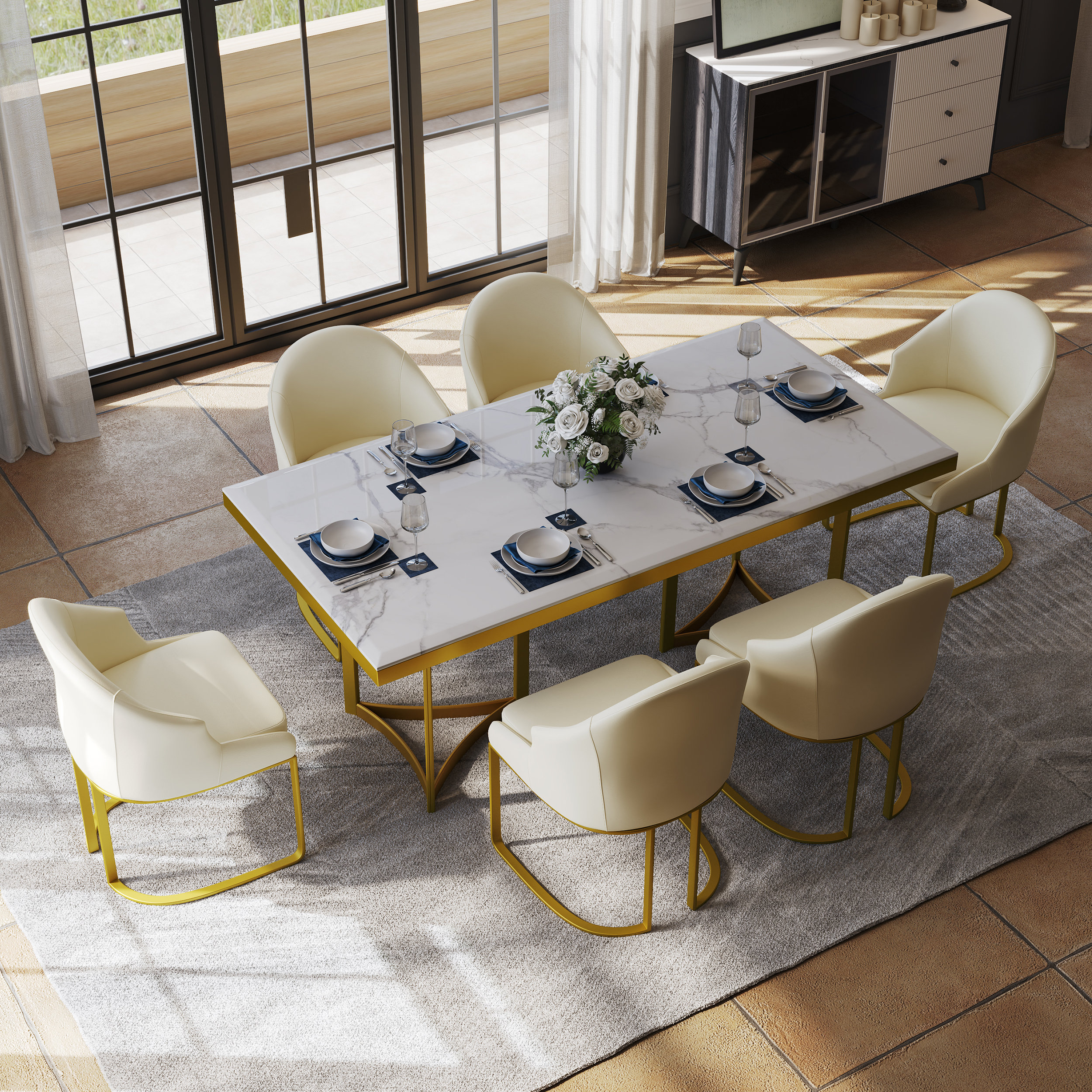 Everly Quinn Markhi Modern Faux Marble Dining Table with White