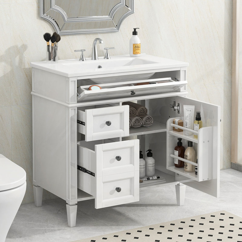 Meuble-lavabo 30 po avec lavabo supérieur, meuble-lavabo moderne avec 2 tiroirs et un tiroir basculant, meuble-lavabo simple